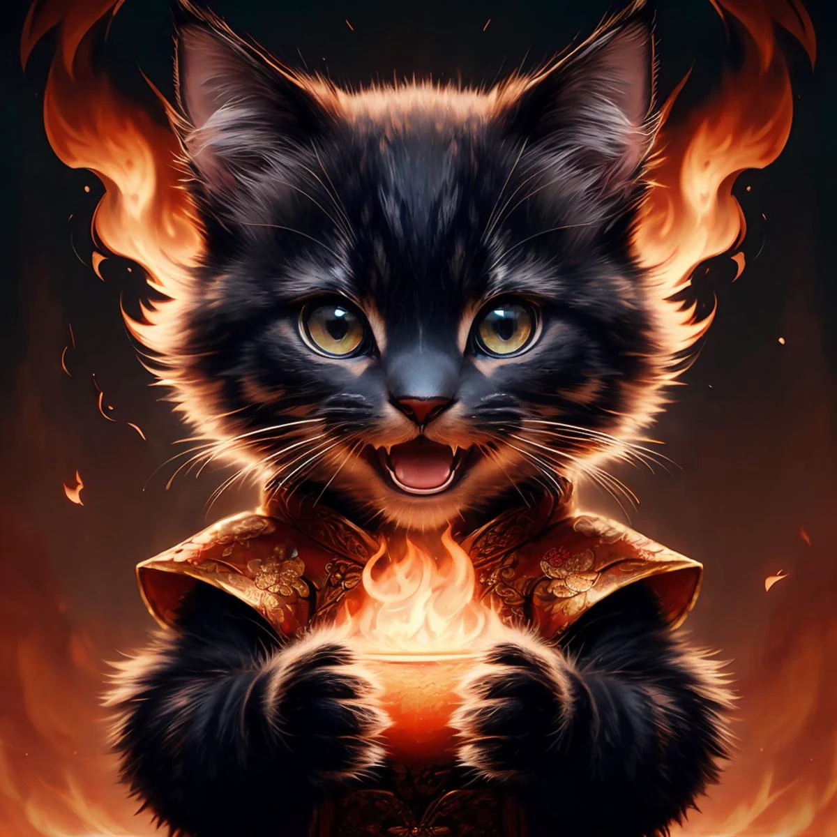 photography of kitten in chinese costume,
happy smile, open mouth, worldoffire, fire, flickering flames,
(masterpiece:1.2), (best quality:1.2), (intricate:1.2), (highly detailed:1.2), (sharp:1.2), (8k:1.2), (realistic:1.2), (photographic:1.2),
cinematic light, vivid colors
<lora:worldoffire:0.7>