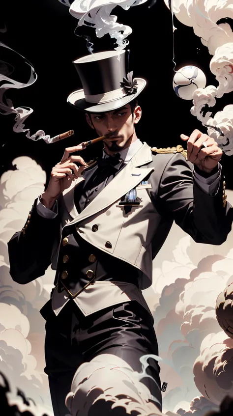 <lora:TheEmpireStyle:0.9> TheEmpireStyle, white, guy in a multicolored patchwork suit with a top hat, smoking a cigar, and juggling colorful balls, hi-tech plastic . worldoffire dissipating vapours <lora:WorldofFire:0.7>