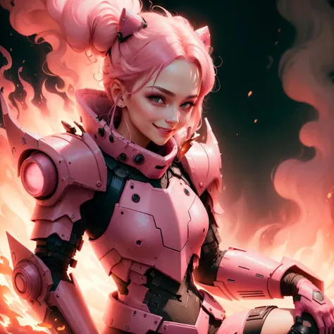 <lora:worldoffire:1>, worldoffire, (pink:1.5), 1girl, armoured dress, sitting, looking at viewer, smiling, day, volumetric lighting, blazing heat, dissipating vapours, flickering flames, fire, inferno, <lora:more_details:0>