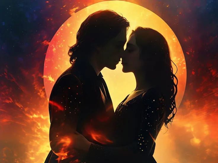 Side view of two men and women kissing in glowing galactic fire by al3xxl