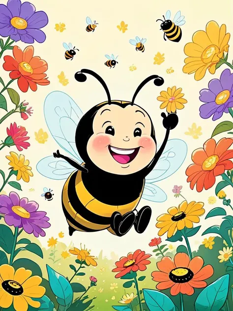 A cheerful drawing of a plump, happy bee buzzing around a garden full of oversized, vibrant flowers, collecting nectar with a big smile on its face.