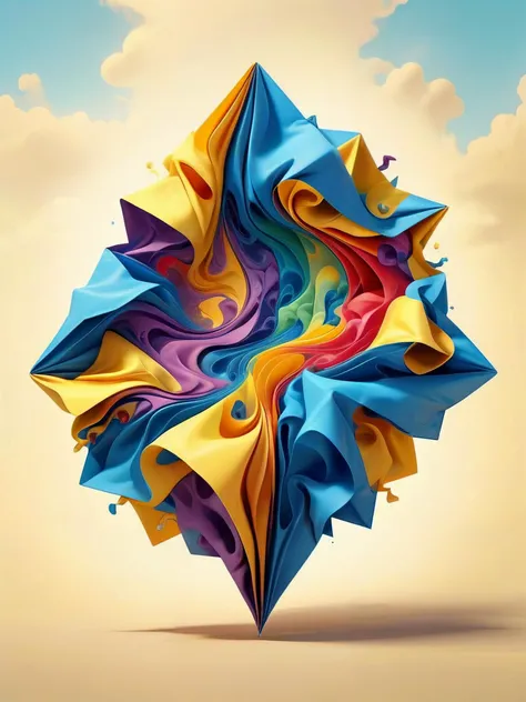 A colorful piece of paper folded into a most unexpected shape, producing beautiful art.
abstract style.
Mystical. Strange. Fantastic.