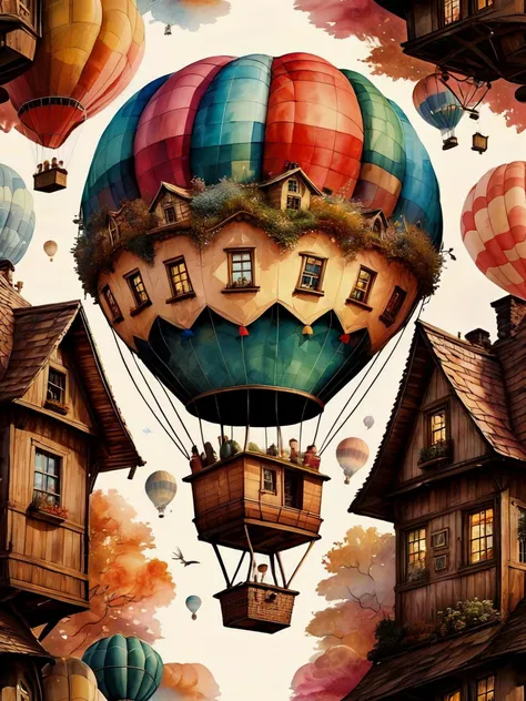 Surreal and bizarre. Rustic.
A hot air balloon. The balloon is an entire world of little houses.
Soft watercolor.