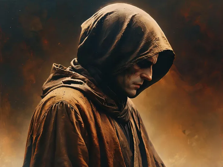 A man wearing a dull brown robe and hood, head bowed so their face can't be seen.
Viewed from the side,
<lora:MJ52:0.6>
<lora:The_Dark_Side_of_the_Earth:0.7>