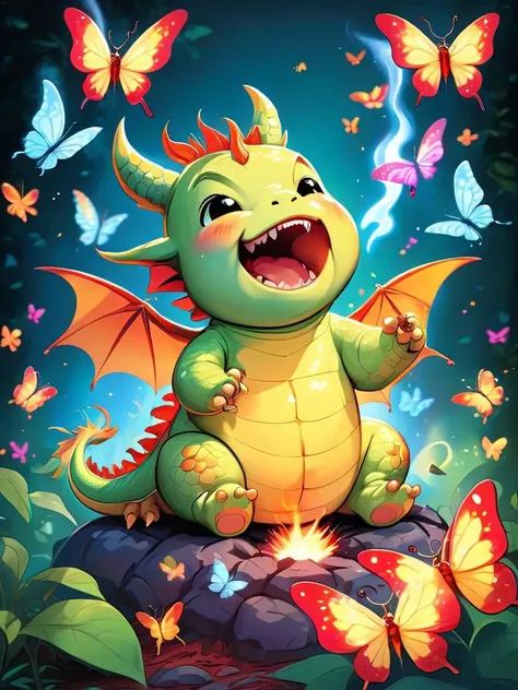 A cute depiction of a pudgy little dragon attempting to breathe fire for the first time, with only a tiny puff of smoke coming out, surrounded by amused, colorful butterflies.