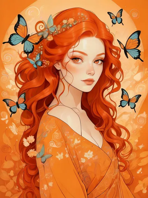 Ethereal grace and beauty of a woman in an orange theme. Line drawing on a rich orange background.
Adorned with butterflies and lines that swirl and curl with leaves.
Red hair. Pale skin. rouged cheeks.
flat 2d style. simple artistic drawing. muted colors.