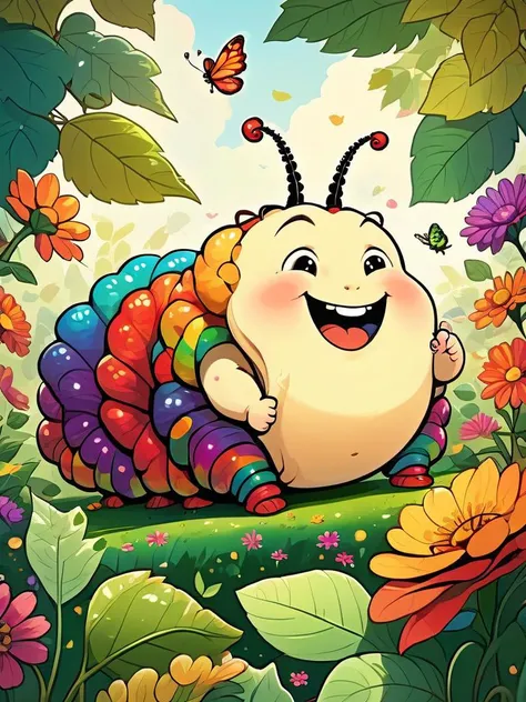 A whimsical drawing of a chubby, happy caterpillar munching on a leaf, with a backdrop of a lush, enchanted garden full of oversized, colorful flowers.