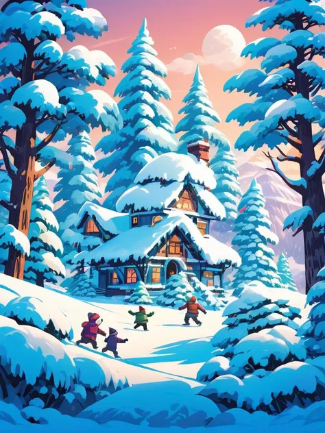 A playful illustration of a group of small, fluffy creatures having a snowball fight, with intricately designed snow forts and a detailed, snowy landscape.