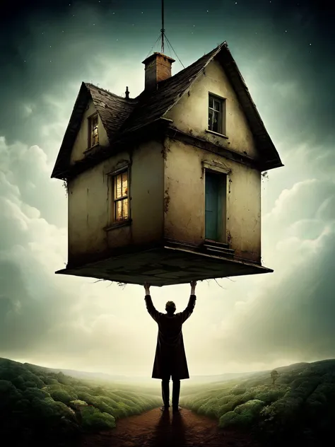 Surreal. A man holding a house above his head.

Mystical. Strange. Fantastic.
