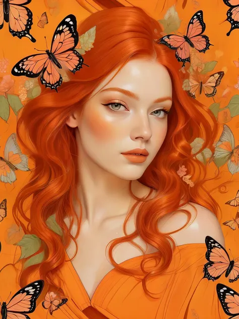 Ethereal grace and beauty of a woman in an orange theme. Line drawing on a rich orange background.
Adorned with butterflies and lines that swirl and curl with leaves.
Red hair. Pale skin. rouged cheeks.
flat 2d style. simple artistic style. muted colors.
Realistic.