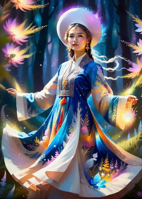 ethereal fantasy concept art of Inspired by the Impressionist masters, a girl in a ahanhatbinh clothing, full body, hat, long sleeves <lora:ahanhatbinh:0.8>, a captivating portrait of a woman standing in the magical forest, swirling lights, light particles, (from:Glowing wild flowers|Fiery crystals|bioluminesance :1.3), (Impressionism:1.2), ('color paint flick':1.1) High-definition painting, intricate details, and a touch of artistic flair, (masterpiece,best quality:1.5), ultra realistic,32k,RAW photo,(high detailed skin:1.2), 8k uhd, dslr, soft lighting, high quality, film grain, <lora:ChalkDustStyleSDXL:0.7> <lora:flaming-person:0.5> , beautiful hands . magnificent, celestial, ethereal, painterly, epic, majestic, magical, fantasy art, cover art, dreamy
