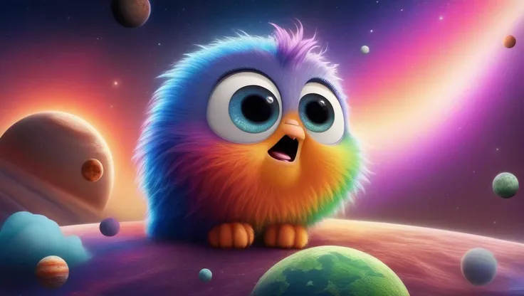 (realistic:1.3), realism, photo realistic, fluffy, cute and adorable, cute , cinematic smooth, intricate detail, cinematic, space, RGB rainbow colors, Creature, solar system, planets, space creature, fantasy, pet, enchanting, precious, loveable, funny, stars, nebula, bifrost, animal, SpaceShip, dopy, goofy, huge eyes, (wet:1.4), (hell scape background:1.3), <lora:add-detail-xl:1>