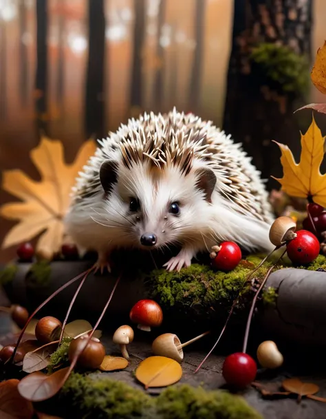 Flora, autumn, a hedgehog with mushrooms and berries on its back on needles, the image in the middle of the picture in muted and soft tones, trees, leaves. autumn background, full body