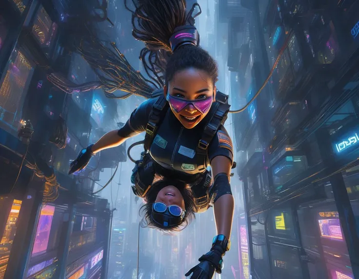 Cute spy diving down past the 50th floor outside an office building with rappelling gear starting a cyberpunk infiltration,  she is hanging upside down clinging to the glass, pony tail hanging down, (upside down absail:2), free fall, hugely enjoying the thrill,  cyberpunk office building, high tech infiltration gear is hanging from her utility webbing harness, midnight in a cyberpunk dystopia, the matrix (cyberpunk, Sydney, dystopia, evil, neon), climbing rope hanging off screen, nighttime burglary, glowing indicator lights and spy gadgets, darkness, detailed hands, detailed hair, very happy, two arms, two legs, climbing rope attached to chest harness, Australian spy (tanned, frizzy coily long hair)