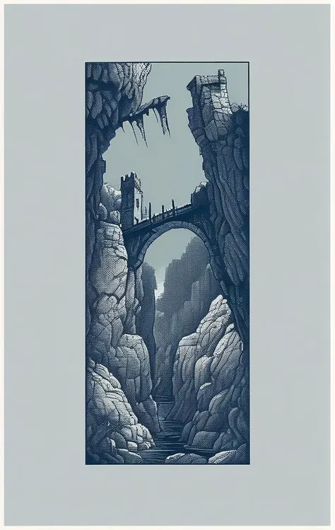 pixel-art a picture of a stone chasm with a bridge in the middle of it and a crumbling stone building in the background with a sky background, Emil Lindenfeld, screen print, a screenprint, private press . low-res, blocky, pixel art style, 8-bit graphics