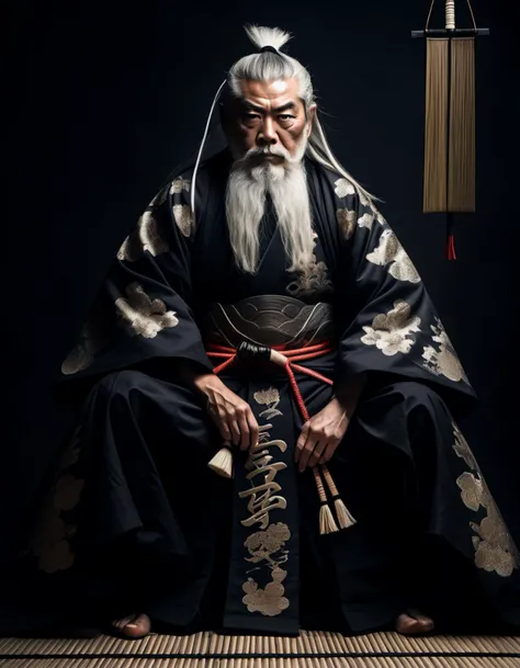 dark moody aesthetic, wise old japanese samurai with a long white beard, intricate, sharp focus, fantasy, surreal 8k photo,, full body