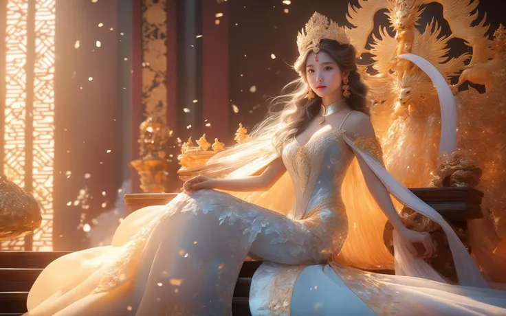 (masterpiece,best quality,ultra_detailed,FULL HD,absurdres:1.2),dreamlike,ultra-realistic mix fantasy world,mixes realistic and fantastical elements,magic effect,lofi style,close up,Phoenix,dragon,dragon and phoenix auspicious,
1girl, professional, 8k, highly detailed,35mm photograph,(mysterious:1.3), (hyperrealism:1.1),(scales of extreme detail:1.3),best quality, dingdall effect,(sunlight exposure:1.3),(sunlight through the hair:1.3),(look looking at viewer:1.3),
masterpiece, best quality, 1girl, half body, sad princess, fantasy, ((painting by wlop)) from artstation, glitter jewelry, glare, Iridescent, Global illumination, real hair movement, realistic light, realistic shadow, sideways glance, ((foreshortening)), soft light, dream light, perfect eyes, background 4k, romantic, high detail, crowns, gold and gems,
(stochastic angle, stochastic pose,stochastic action), cleavag,exposed,large breasts,full body,((see-through bellyband)),tall breasts,
flowy see-through costumes, flowy headpieces, flowy see-through gowns,luxury, jewelry, ornate, necklace, bracelet, hairpin,embroidery,
(Ming Dynasty),(Chinese, buildings, (mountain:0.8)),reflection,ray tracing,aura,throne,
charming, alluring, seductive, erotic, enchanting,
<lora:add-detail-xl:1.5>