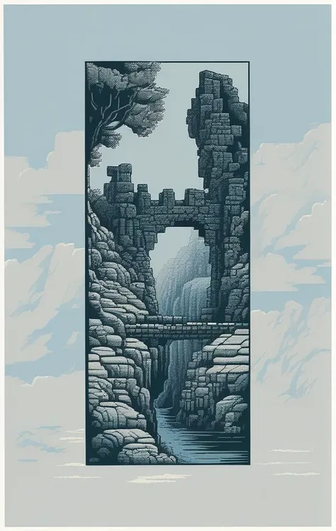 pixel-art a picture of a stone chasm with a bridge in the middle of it and a crumbling stone building in the background with a sky background, Emil Lindenfeld, screen print, a screenprint, private press . low-res, blocky, pixel art style, 8-bit graphics