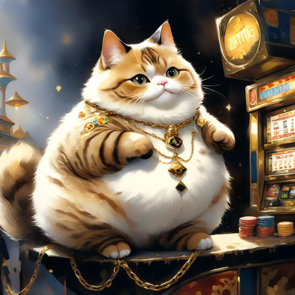 professional ultra detailed painting of a fat cat by Alayna Lemmer. The cat is wearing a gold chain on its neck. There is a casino in the background.
