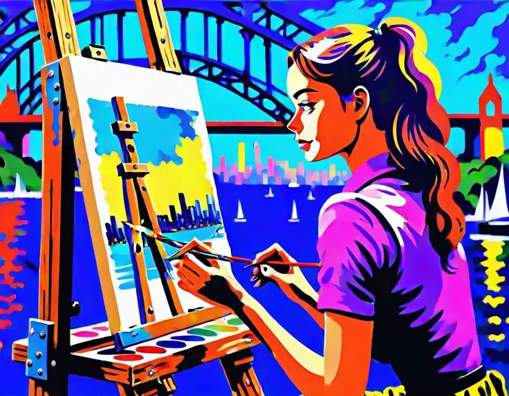painting of an Australian girl making a painting on canvas while looking at the sydney harbour bridge, cyberpunk, painted in the style of Fauvism, canvas resting on an easel, painting supplies, painting techniques use thick impasto, thick brush strokes, (heavy impasto:2), Andre Derain Style, sydney harbour bay, sydney skyline, cute girl wearing latex, 
<lyco:Andre Derain Style:1.00>,