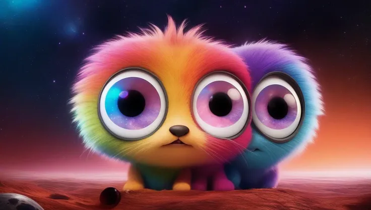 (realistic:1.3), realism, photo realistic, fluffy, cute and adorable, cute , cinematic smooth, intricate detail, cinematic, space, RGB rainbow colors, Creature, solar system, planets, space creature, fantasy, pet, enchanting, precious, loveable, funny, stars, nebula, bifrost, animal, SpaceShip, dopy, goofy, huge eyes, (wet:1.4), (hell scape background:1.3), <lora:add-detail-xl:1>