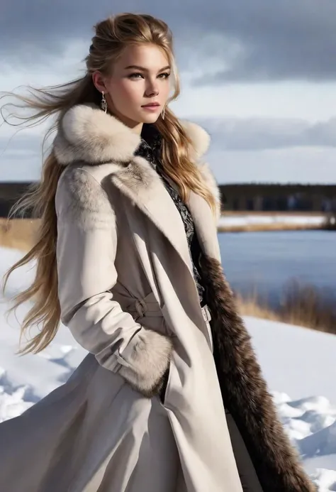 photograph of a beautiful 19 year old scandinavian woman, delicate features, full body, long hair, ponytail, earrings, hair ornaments, silk shirt, long coat open in the front, hands in pockets, furs, gloves, boots, [pants], outdoors, snow, windy, masterpiece, highres