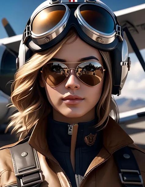 a beautiful girl pilot wearing aviator googles, unreal engine render, 8k, full body