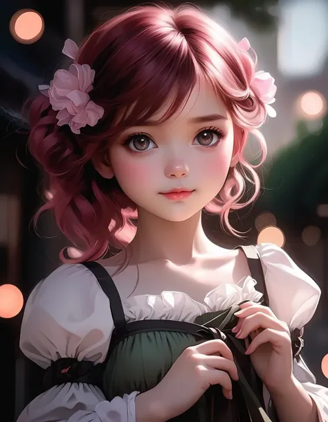 red green black eyes, rutkowski repin, wlop, natural pink hair realistic , image, bokeh, night, of an incredibly beautiful happy, woman anime style , large pefect eyes Jean-Baptiste Monge style, with highlights in her eyes, light freckles pink and white frilly dress and plaited hair with ribbons stanley artgerm lau style, wlop style, rossdraws style, outdoor hyper detailed , (((rich dark shadows))), Wlop, Artgem , artstation, cgsociety, 8K UHD, HDR, full body,