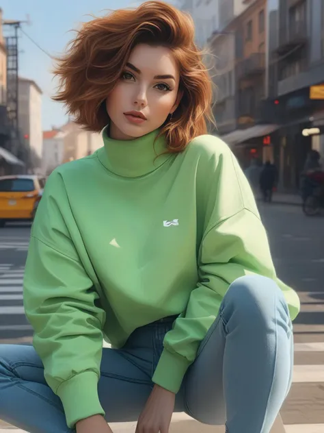anime, full body, (masterpiece,best quality:1.5), (style of Marcin Jakubowski ,style of Sam Spratt ,style of Andreas Achenbach), BREAK
( short hair , Auburn hair:1.1),portrait, BREAK
(lady:1.2), DayGlo green High-waisted jeans, Winter, brown eyes, ð¤¡,, ultra realistic,32k,RAW photo,(high detailed skin:1.2), 8k uhd, dslr, soft lighting, high quality, film grain, Sony a6600 Mirrorless Camera , cinematic lighting,F/14,horizon-centered