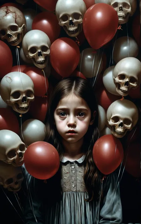 Hyperrealistic art An unsettling and creepy portrayal of 1 girl clutching a bunch of (human head ) balloons, each created from lifelike features. The composition captures the disturbing juxtaposition between the girl's innocent demeanor and the macabre nature of the scene. The horror style adds an unsettling quality, creating an atmosphere of unease and shock. (Macabre Collection:1.4), (Chilling Balloon Assembly:1.3), (Eerie Contrast:1.2), (Horror Styling:1.2), art influenced by psychological horror films and dark fantasy. (masterpiece, best quality:1.5), ultra-realistic,32k, RAW photo,(high detailed skin:1.2), 8k uhd, DSLR, soft lighting, high quality, film grain, Abdul Djalil Pirous, <lora:AbsinthePunkAI:0.5>, AbsinthePunkAI <lora:sdxl_photorealistic_slider_v1:1> <lora:flaming-person:0.5> . Extremely high-resolution details, photographic, realism pushed to extreme, fine texture, incredibly lifelike
