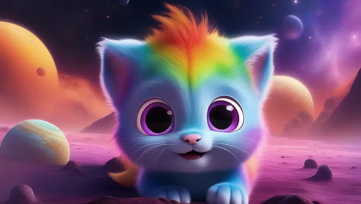 (realistic:1.3), realism, photo realistic, fluffy, cute and adorable, cute , cinematic smooth, intricate detail, cinematic, space, RGB rainbow colors, Creature, solar system, planets, space creature, fantasy, pet, enchanting, precious, loveable, funny, stars, nebula, bifrost, animal, SpaceShip, dopy, goofy, huge eyes, (wet:1.4), (hell scape background:1.3), <lora:add-detail-xl:1>