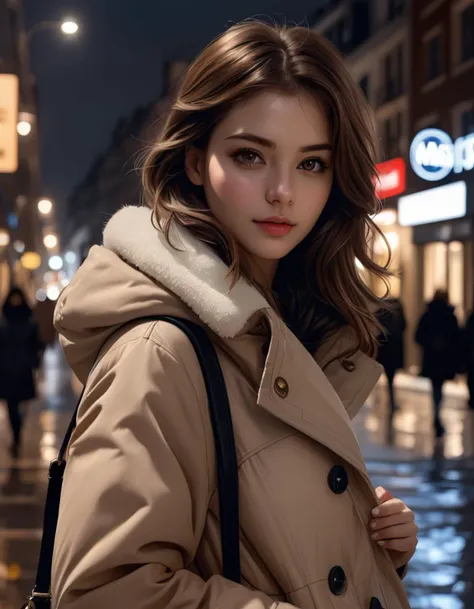 masterpiece, realistic, best quality, beauty girl in city, hloding bag, looking at viewer, winter clothes, cute, solo, brown hair, brown eyes, depth of field, night, realistic, porses,skin detail, acne, detail eyes, (masterpiece,best quality:1.5), full body