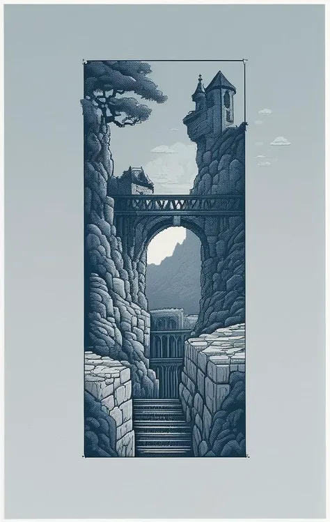 pixel-art a picture of a stone chasm with a bridge in the middle of it and a crumbling stone building in the background with a sky background, Emil Lindenfeld, screen print, a screenprint, private press . low-res, blocky, pixel art style, 8-bit graphics