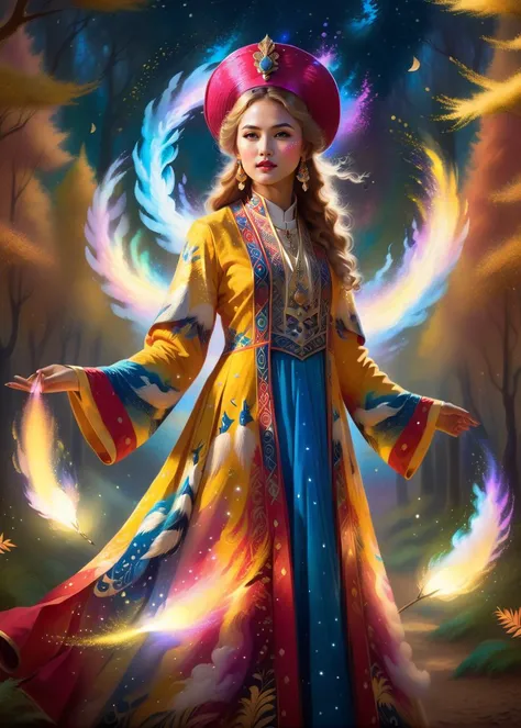 ethereal fantasy concept art of Inspired by the Impressionist masters, a girl in ared,golden ahanhatbinh clothing, full body, hat, long sleeves <lora:ahanhatbinh:0.8>, a captivating portrait of a woman standing in the magical forest, swirling lights, light particles, (from:Glowing wild foxes|Fiery crystals|bioluminesance :1.3), (Impressionism:1.2), ('color paint flick':1.1) High-definition painting, intricate details, and a touch of artistic flair, (masterpiece,best quality:1.5), ultra realistic,32k,RAW photo,(high detailed skin:1.2), 8k uhd, dslr, soft lighting, high quality, film grain, <lora:ChalkDustStyleSDXL:0.7> <lora:flaming-person:0.5> , beautiful hands , many style of posing . magnificent, celestial, ethereal, painterly, epic, majestic, magical, fantasy art, cover art, dreamy