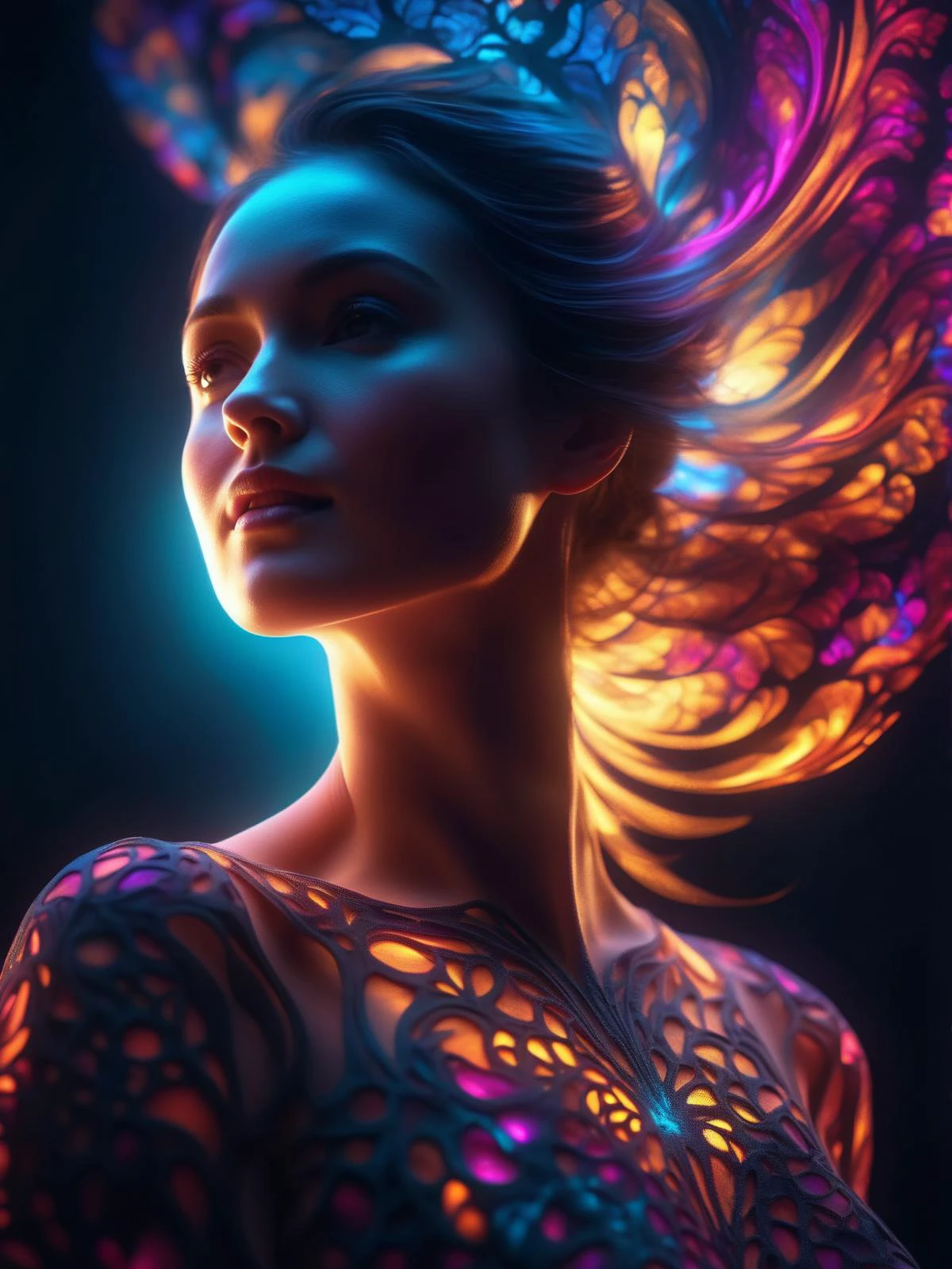 woman with glowing translucent fractal skin, full body, swirling organic patterns, vibrant, ultra hd, vivid colors, perfect composition, soft natural volumetric cinematic lighting, amazing shadows, black silhouette, volumetric light,