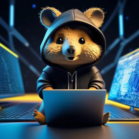 hacker Quokka, quokka in a black hoodie looking at a laptop, 8k RAW, depth of field, supercomputer and code in the background