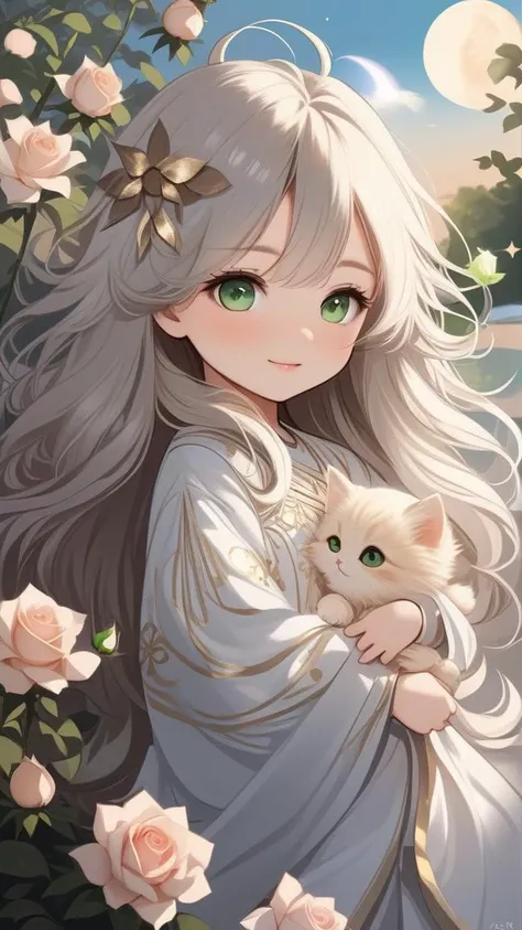 detailed background, masterpiece, best quality, mksks style, 1girl, long white hair, (forehead:1.1), green eyes, large eyes, blush, facing viewer, smile, impressive, warm, chibi, righteous, wholesome, looking at viewer, outdoors, lycoris flower, rose, gold flowers, solar, star \(sky\),full body,