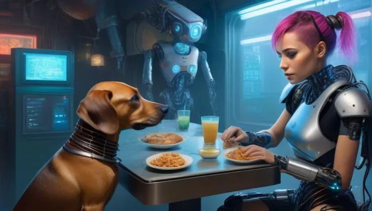 (((masterpiece))), (realistic:1.3), ((realism)), 8k,16k, (best quality:1.2), ((1mechanical girl)) petting her small (mechanical dog:1.5), restaurant, (food porn:1.5), Textured, detailed, <lora:cyborg_style_xl:1> cyborg style, glowing eyes, (robot:1.4), cyborg, robotic metal (hard edges:1.2), <lora:add-detail-xl:0.9>, (happy:1.4), smile, (Excited:1.1), ecstatic, Whiskers, Animal Ears, (Cute:1.3), (funny:1.2), (cybernetic:1.6), (Cyborg:1.3), science fiction, cyberpunk, <lora:Amouranth-XL:0.7>,, <lora:cortana:0.3> highres, short hair, hologram, <lora:Future_Citys_xl:0.2> cityscape, concept art