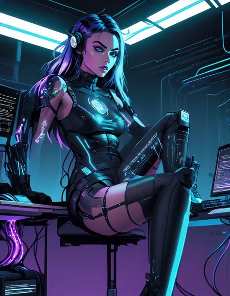 girl computer hacker, cute Australian 20 year old undergraduate student wearing tight latex thigh highs sitting at a university desk, cyberpunk student hacker caught hacking her grades, cyberpunk megacorp classroom with glowing panels and fancy computers, three fourth perspective, shiny latex, (lineart:1.5), line art, (flat colors:1.5), flat color, futuristic, surreal, abstract, <lora:lineartSDXL:1.00>,