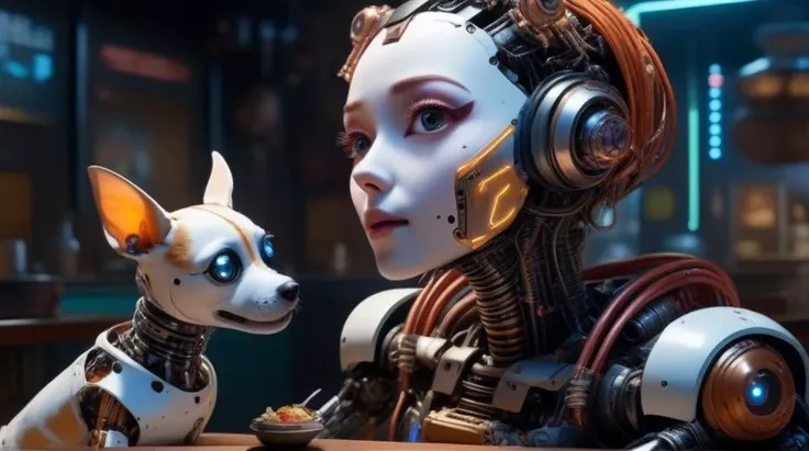 (((masterpiece))), (realistic:1.3), ((realism)), 8k,16k, (best quality:1.2), ((1mechanical girl)) petting her small (mechanical dog:1.5), restaurant, (food porn:1.5), Textured, detailed, <lora:cyborg_style_xl:1> cyborg style, glowing eyes, (robot:1.4), cyborg, robotic metal (hard edges:1.2), <lora:add-detail-xl:0.9>, (happy:1.4), smile, (Excited:1.1), ecstatic, Whiskers, Animal Ears, (Cute:1.3), (funny:1.2), (cybernetic:1.6), (Cyborg:1.3), science fiction, cyberpunk, <lora:Amouranth-XL:0.7>, <lora:jijia_xl:0.8>,