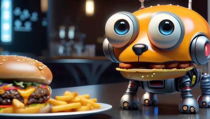 masterpiece, realistic, realism, 8k, best quality, (Cute:1.2) entirely cybernetic dog that is dog only in appearance with cybernetic legs eyes and a small dome head between its ears with a visible brain inside a dome on top of its head, with robotic body, (drooling:1.2) (looking at a hamburger:1.3) on a plate, restaurant, cobble stone ground, <lora:3d_render_style_xl:0.3> 3d style, no humans, (food porn:1.4), hyper realistic burger, fork, Milk, Textured, detailed, <lora:cyborg_style_xl:0.6> cyborg style, glowing eyes, robot, cyborg, robotic metal (hard edges:1.2), snout with intake fans, (dalmatian:0.4), <lora:add-detail-xl:0.8>, on all fours, standing, mouth open, happy, smile