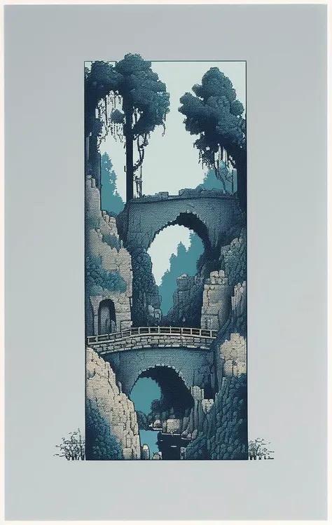 pixel-art a picture of a stone chasm with a bridge in the middle of it and a crumbling stone building in the background with a sky background, Emil Lindenfeld, screen print, a screenprint, private press . low-res, blocky, pixel art style, 8-bit graphics