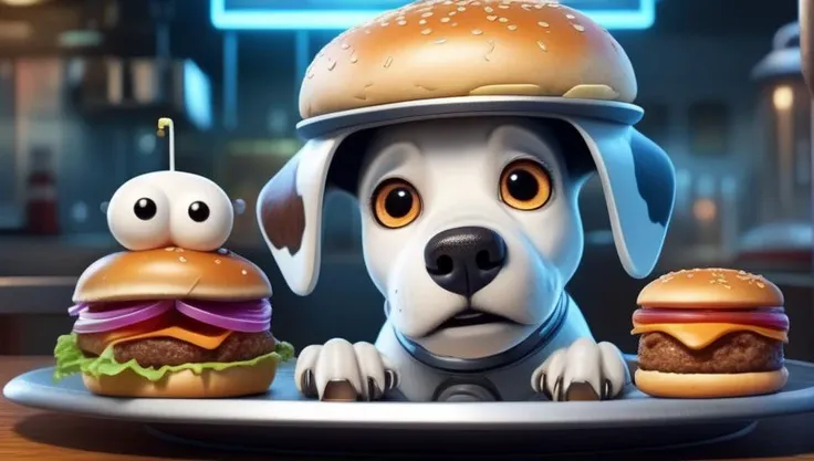 (masterpiece:1.2), realistic, realism, 8k, best quality, (Cute:1.2) entirely cybernetic dog that is dog only in appearance with cybernetic legs eyes and a small dome head between its ears with a visible brain inside a dome on top of its head, with robotic body, (drooling:1.2) (looking at a hamburger:1.3) on a plate, restaurant, cobble stone ground, <lora:3d_render_style_xl:0.3> 3d style, no humans, (food porn:1.4), hyper realistic burger, fork, Milk, Textured, detailed, <lora:cyborg_style_xl:0.6> cyborg style, glowing eyes, (robot:1.4), cyborg, robotic metal (hard edges:1.2), snout with intake fans, (dalmatian:0.4), <lora:add-detail-xl:0.8>, on all fours, standing, mouth open, (happy:1.3), smile, (Excited:1.1), ecstatic, Whiskers, Animal Ears,