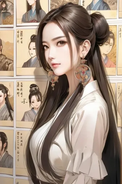 a woman with long hair and earrings standing in front of a wall covered with papers and photos of people, Fan Qi, anime art, a detailed painting, fantasy art