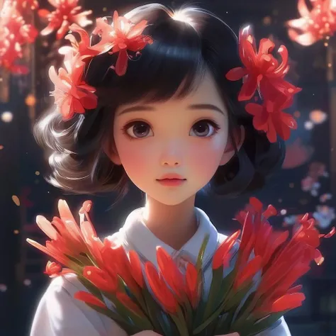 face focus, cute, masterpiece, best quality, 1girl holding lycoris,
Aesthetic Flowers,retro design pattern, multi-color,black background, light particle, solo, black hair, red eyes, standing, pixiv, depth of field, cinematic compotision, best lighting, looking up