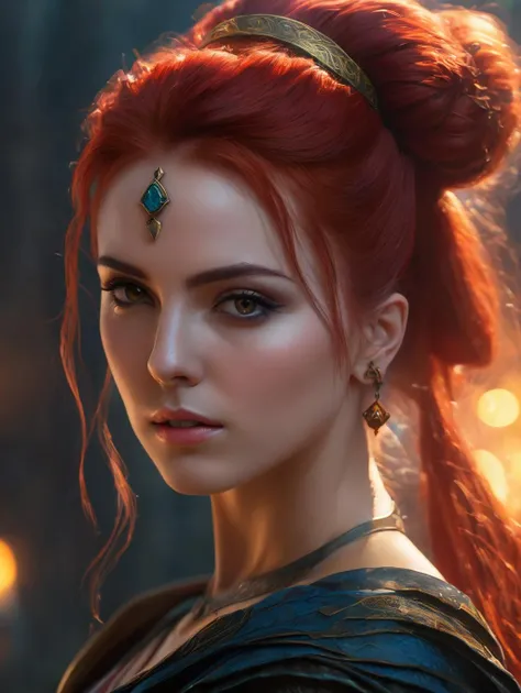 (photorealistic photo of the female sorceress), triss,  (red hair:1.2),  (hair bun, lower double bun), Medieval, (facing_viewer),perfect face, (perfect composition:1.4), deviantart hd, artstation hd, concept art, detailed face and body, award-winning photography, margins, detailed face, detailed hands, backlight, 12k ultrarealistic, ray tracing, intense gaze, ((looking at the viewer)), cinematic lighting, embers, high fantasy background, action pose, misty,art by Grzegorz Rutkowski