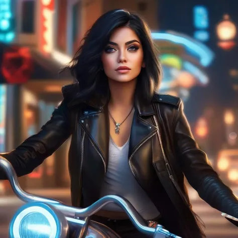 face focus, cute, masterpiece, best quality, 1girl,
villainess woman with black hair in a leather jacket and beautiful silver biker jewelry, proudly sits on chopper motorcycle, focus front, rock pub in the background, cover, hyperdetailed photoshoot, luminism, Bar lighting, complex, 32k UHD resolution concept art portrait by Greg Rutkowski, Artgerm, WLOP, little fusion pojatti realistic goth, fractal isometrics details bioluminescensblack background, light particle, solo, gradient hair, standing, pixiv, depth of field, cinematic competition, best lighting, looking up