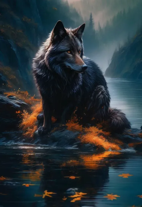 sensual,( portrait:1.4),( closeup:1.3),dreamy,( fantasy landscape:0.8), vibrant colors, soft focus, mystical atmosphere, , on a cliff side, danger, extremely sharp, reflections in water, majestic, mystical water, thin layer of fog above the water,( realistic fur:1.1), photo-like, 8k,( tessellation:0.8) ,, (( Dark colors, intricate details, realistic style, tar paintings, dark paintings, digital illustrations, mixed media pieces, deep shadows ))