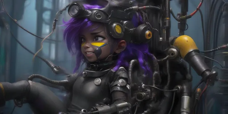 photo of a 18 year old petite (flat chested:2.0) (dark skin:1.5) girl, purple yellow pink, lilac skin, mouth open, (cute adorable face:2.0), (wires connected to body),  (petite thin athletic body:1.5), 4k photograph, unreal engine 5, victorian boots, steampunk augmentations to body, cybernetic implants in body, futuristic headset, alien machines attached to body, weird machinery, wires on body, tubes on body, hoses on body, welding goggles, pilot helmet, leather harness, victorian details, strapped into pilot chair, swirly victorian decor, wild hair, vibrant, colorful, art nouveau background, warhammer inspired,
<lora:!action-sdxl-V0.5:1> zdyna_pose,  <lora:sexmachine_XL_0_:1.0> sexmachine,1girl,spread legs,cum in pussy,