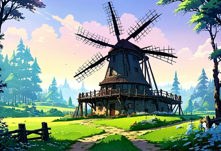 Create an image of a rustic windmill standing tall amidst a serene morning landscape. modisn disney,